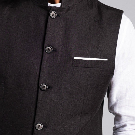 Midnight Dream Black Linen Nehru Jacket